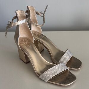 Vince Camuto Metallic Rose Gold Block Heel Sandals with Ankle Strap
